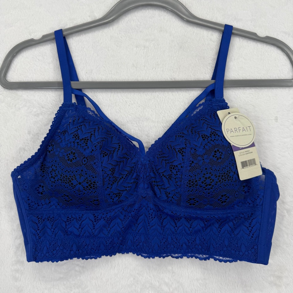 Parfait Sapphire Blue Lace Unlined Wire Free Bralette Bra 32D P5951 New